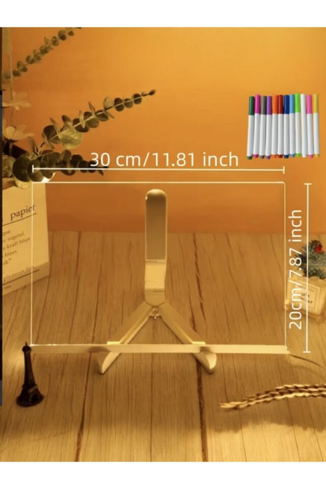 Led Işıklı Kendiliğinden Renkli Fosforlu Kalemli-Pleksi Dikdörtgen + Temperli Cam Yazı Panosu 20X30