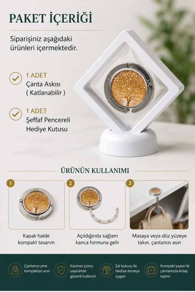 Masa İçin Katlanabilir Çanta Askısı + 7x7 cm Standlı 3D Takı Ziynet Saklama Kutusu Hediyeli