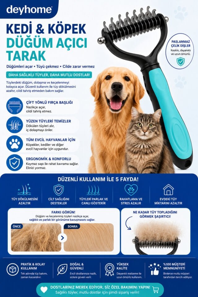 Kedi & Köpek Düğüm Açıcı Tarak | Çift Yönlü Tüy Açıcı | Tüy Toplayıcı Evcil Hayvan Tarağı