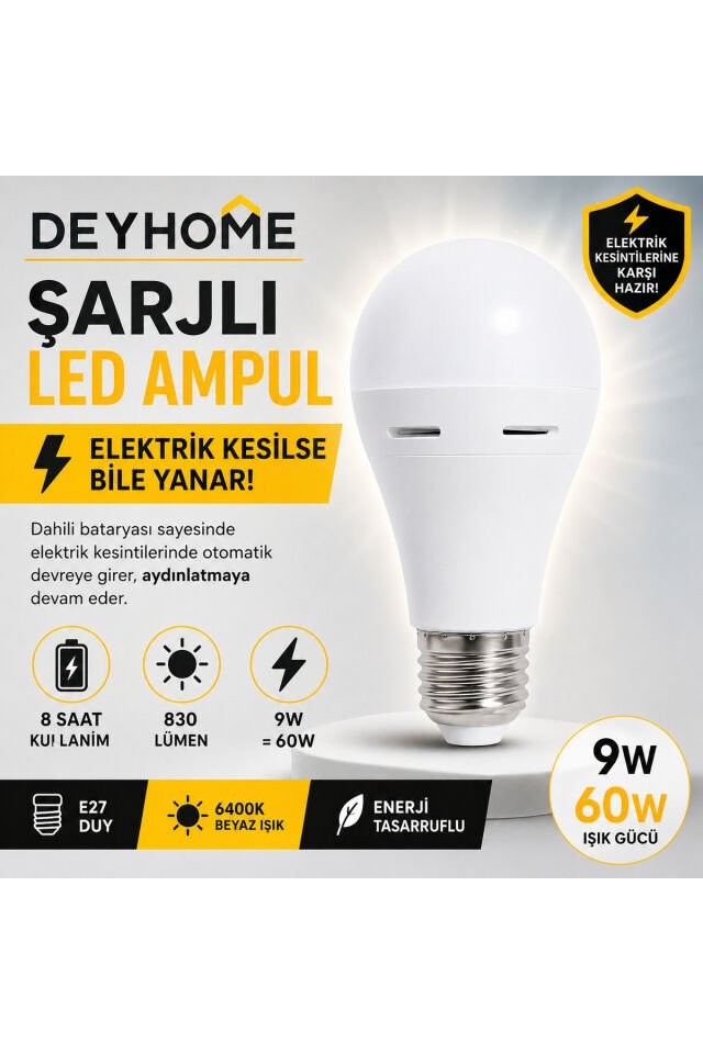 Cata CT-4229 Şarjlı LED Ampul, 9W, 830 Lümen, Beyaz [Enerji Sınıfı A]