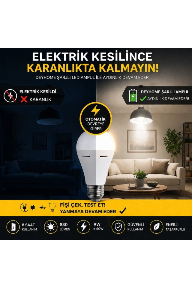 Cata CT-4229 Şarjlı LED Ampul, 9W, 830 Lümen, Beyaz [Enerji Sınıfı A]