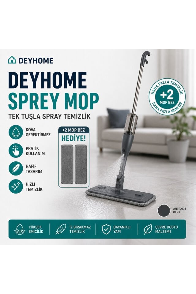 Sprey Mop Temizlik Seti | Su Hazneli Spreyli Paspas | Mikrofiber Bezli | Kovasız Pratik Temizlik + 2 Adet Yedek Mop Bez
