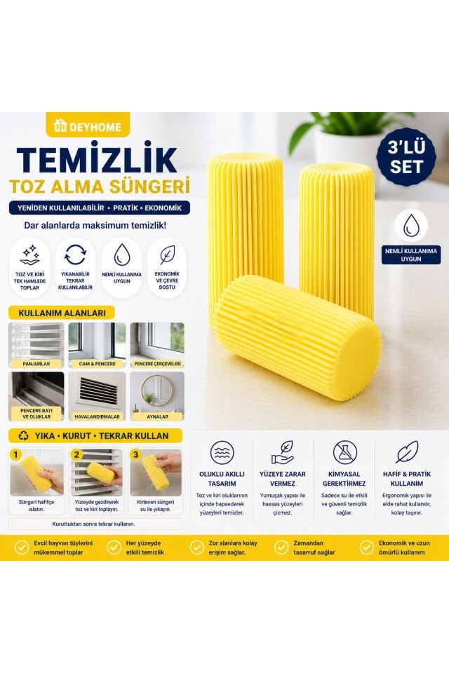 3 Adet Temizlik Toz Alma Süngeri | Nemli Kullanımlı Yeniden Kullanılabilir Sihirli Temizlik Süngeri | Panjur, Cam, Ray Temizleyici