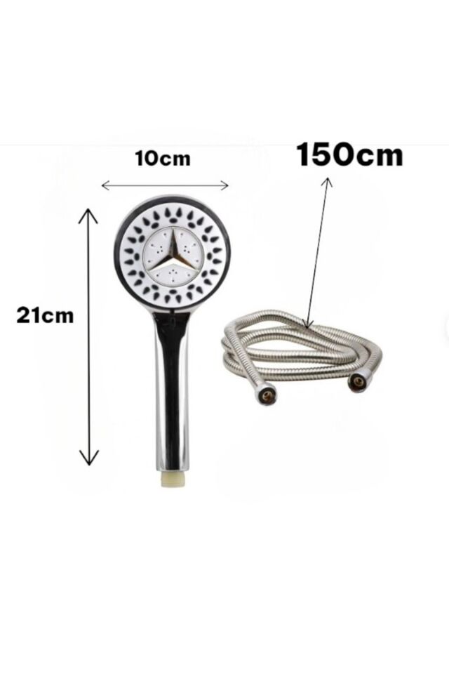 3lü Set Duş Başlığı Mercedes Ambelemli Gri + Vantuzlu Yapışkan Mafsal +Gri Hortum 150 cm