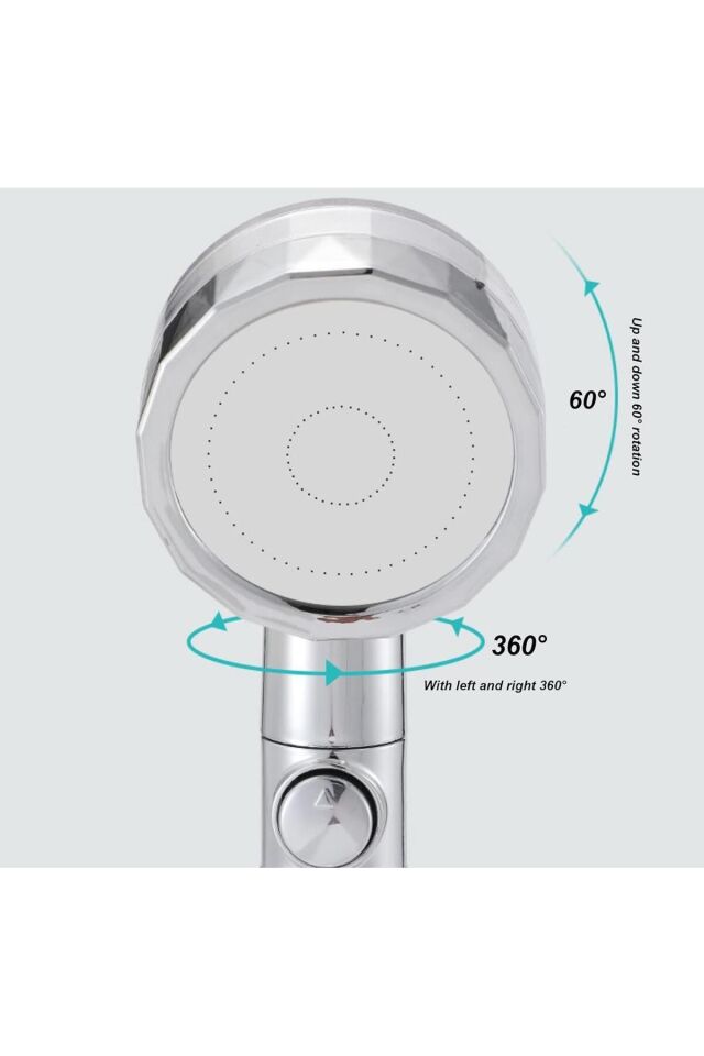 Turbo fanlı 360 derece Gri Duş Başlığı +Kendiliğinden Yapışkanlı Mafsal (Askı) +150 cm Örgülü Hortum