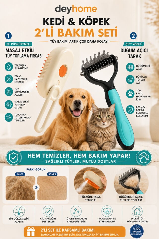 2'li Kedi Köpek Bakım Seti | Su Püskürtmeli Masaj Fırçası + Çift Yönlü Düğüm Açıcı Tarak | Tüy Toplayıcı Evcil Hayvan Tarağı