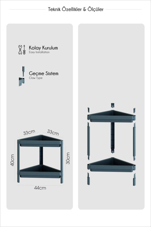 OMAŞ 1 Adet 2 Katlı Üçgen Raf Ünitesi – Köşe Alanlar İçin Şık ve Pratik Düzenleyici Köşe Banyo Rafı