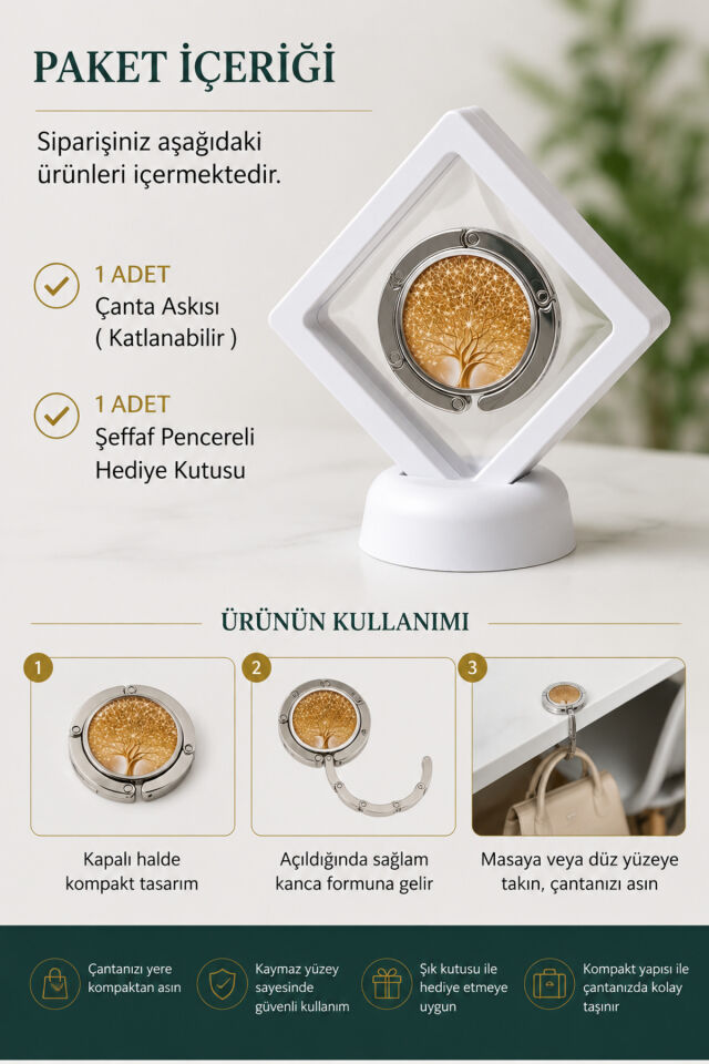 Masa İçin Katlanabilir Çanta Askısı + 7x7 cm Standlı 3D Takı Ziynet Saklama Kutusu Hediyeli