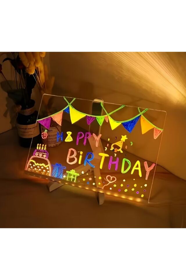 Led Işıklı Kendiliğinden Renkli Fosforlu Kalemli Dikdörtgen Pleksi (Akrilik) Yazı Panosu 20X30