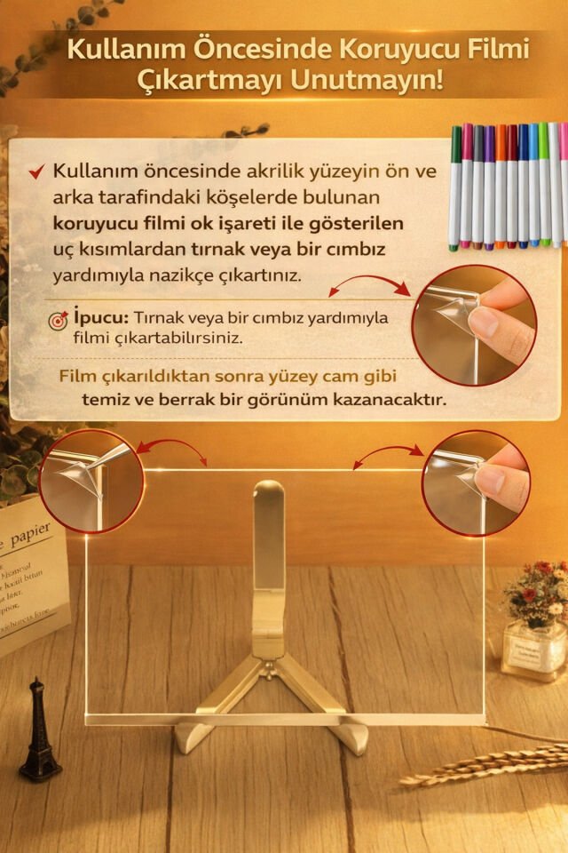 Led Işıklı Kendiliğinden Renkli Fosforlu Kalemli Dikdörtgen Pleksi (Akrilik) Yazı Panosu 20X30