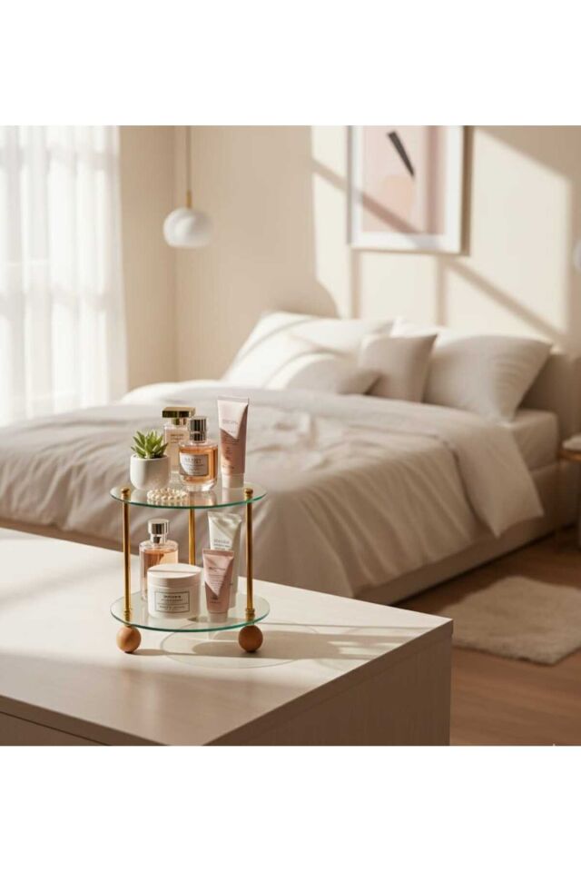 1 Adet 2 Katlı Yuvarlak Ahşap Ayaklı Vidalı Cam Organizer (25 x 25 cm)