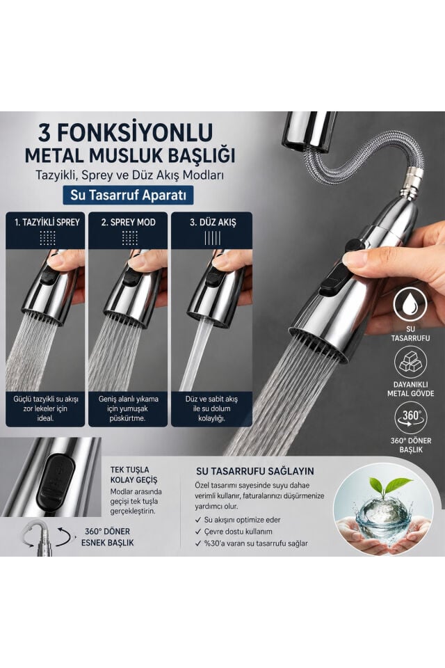 3 Fonksiyonlu Metal Musluk Başlığı Tazyikli Spreyli 360° Döner Su Tasarruf Aparatı