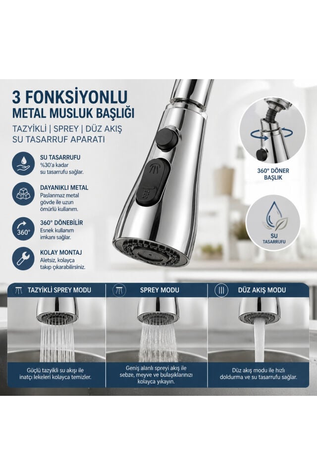 3 Fonksiyonlu Metal Musluk Başlığı Tazyikli Spreyli 360° Döner Su Tasarruf Aparatı