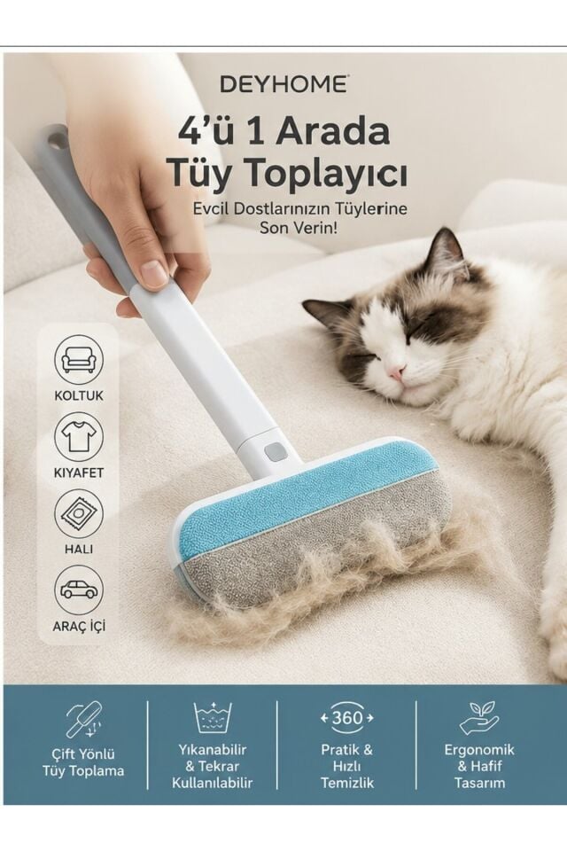 4'ü 1 Arada Tüy Toplayıcı Kedi Köpek Tüy Temizleyici Fırça | Koltuk, Halı, Kıyafet ve Araç İçi Tüy Alıcı