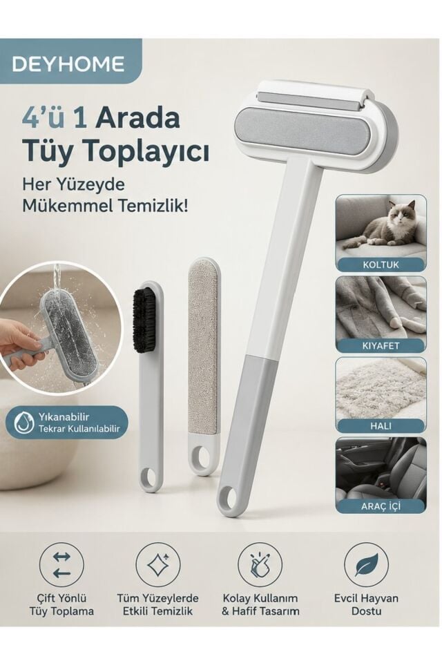 4'ü 1 Arada Tüy Toplayıcı Kedi Köpek Tüy Temizleyici Fırça | Koltuk, Halı, Kıyafet ve Araç İçi Tüy Alıcı