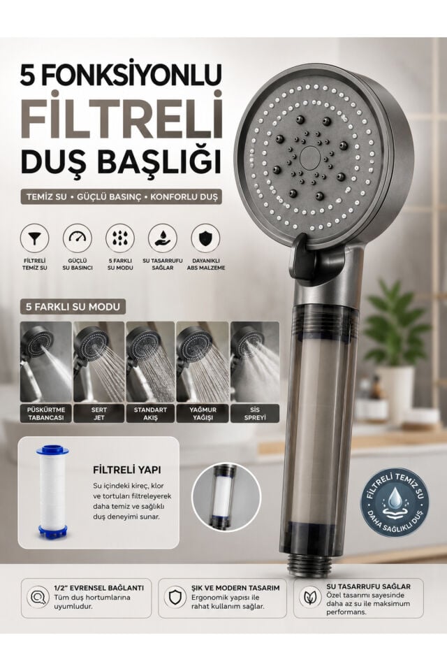 5 Fonksiyonlu Filtreli Duş Başlığı Mat Antrasit Gri – (Yedek Filtre Dahil)
