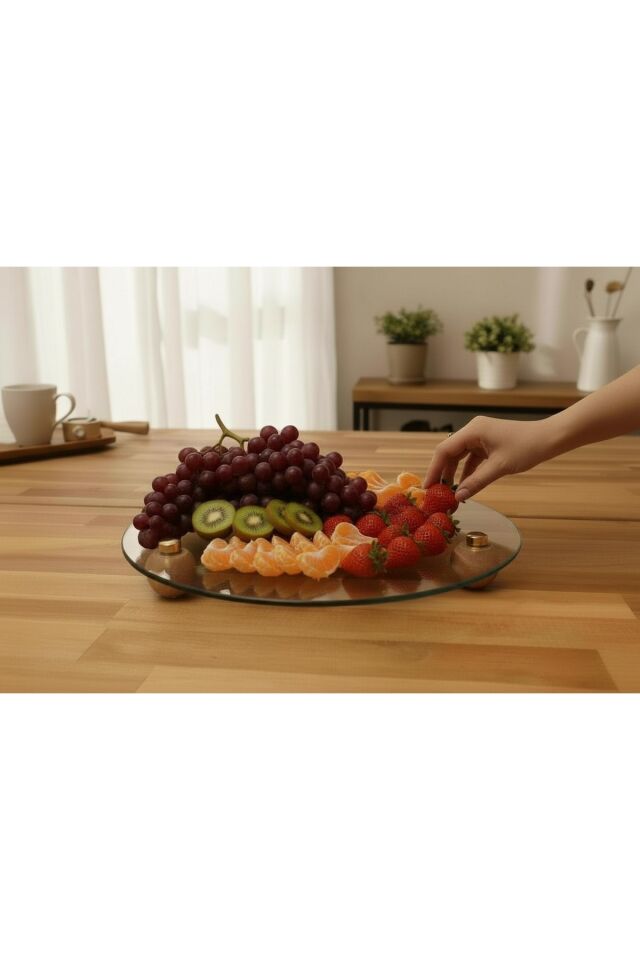 1 Adet 25 cm Yuvarlak Cam Ahşap Top Ayaklı Vidalı Dekoratif Sunumluk Organizer (Ahşap ayak vidalı)