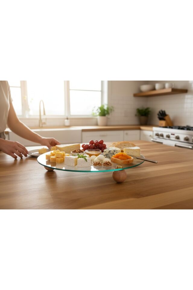 1 Adet 25 cm Yuvarlak Cam Ahşap Top Ayaklı Vidalı Dekoratif Sunumluk Organizer (Ahşap ayak vidalı)