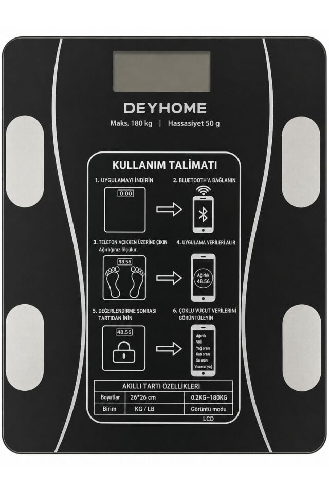 Akıllı Bluetooth Vücut Analiz Baskülü 180 Kg Dijital Tartı Yağ Kas Su Oranı Ölçer LCD Ekran