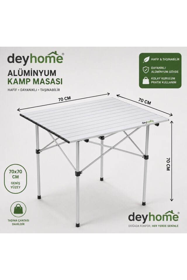 Katlanabilir Alüminyum Kamp Masası 70x70x70 cm | Taşıma Çantalı Piknik Masası, Balkon Bahçe ve Kamp Masası
