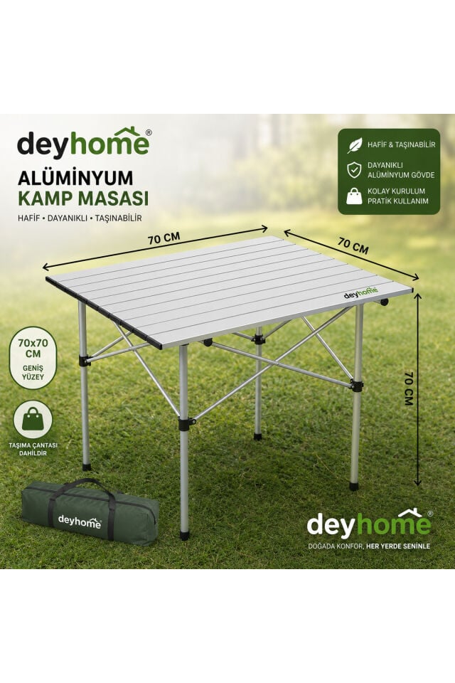 Katlanabilir Alüminyum Kamp Masası 70x70x70 cm | Taşıma Çantalı Piknik Masası, Balkon Bahçe ve Kamp Masası