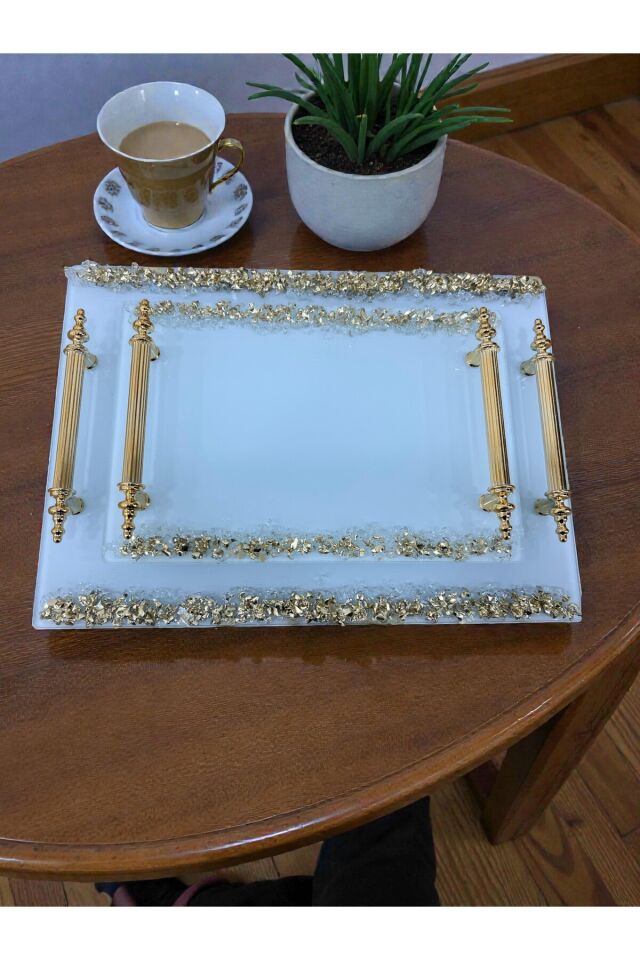 2’li Söz & Nişan Yüzük – Kahve Servis Tepsi Seti Altın Yaldızlı + Mandallı Kahve Ölçü Kaşığı