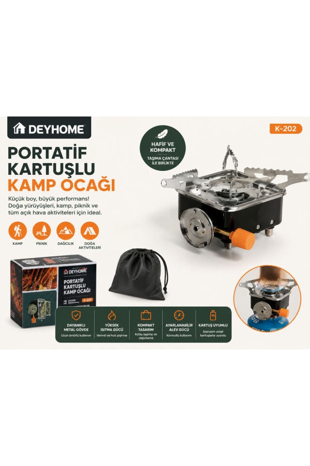 K-202 Taşınabilir Kartuşlu Kamp Ocağı Katlanabilir Portatif Piknik ve Kamp Ocağı Çantalı