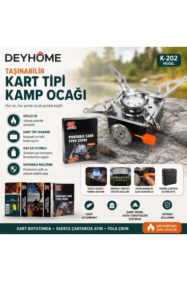 K-202 Taşınabilir Kartuşlu Kamp Ocağı Katlanabilir Portatif Piknik ve Kamp Ocağı Çantalı