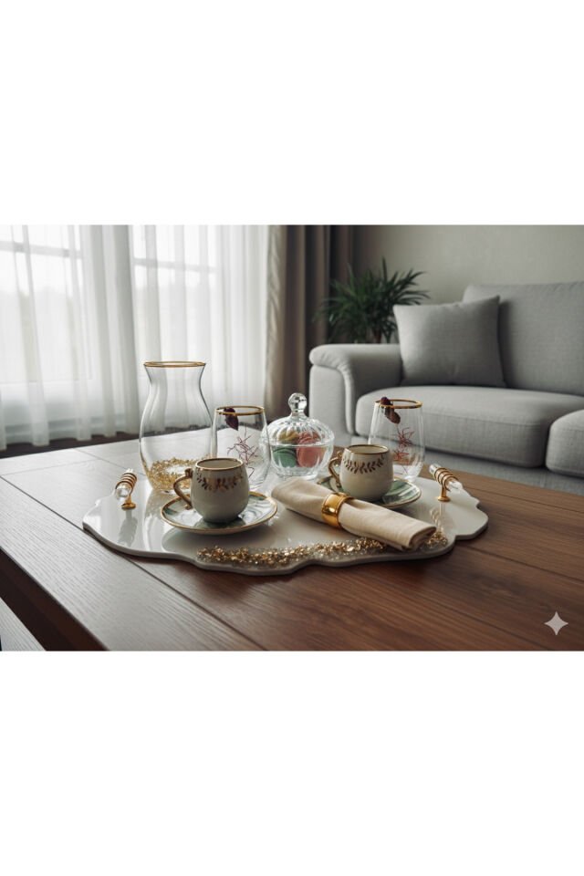 2'li Söz & Nişan Yüzük – Pleksi Kahve Servis Tepsi Seti | Altın Yaldız Desenli (22x28cm + 23cmx34cm)