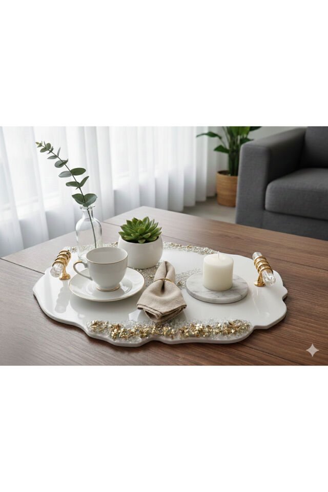 2'li Söz & Nişan Yüzük – Pleksi Kahve Servis Tepsi Seti | Altın Yaldız Desenli (22x28cm + 23cmx34cm)