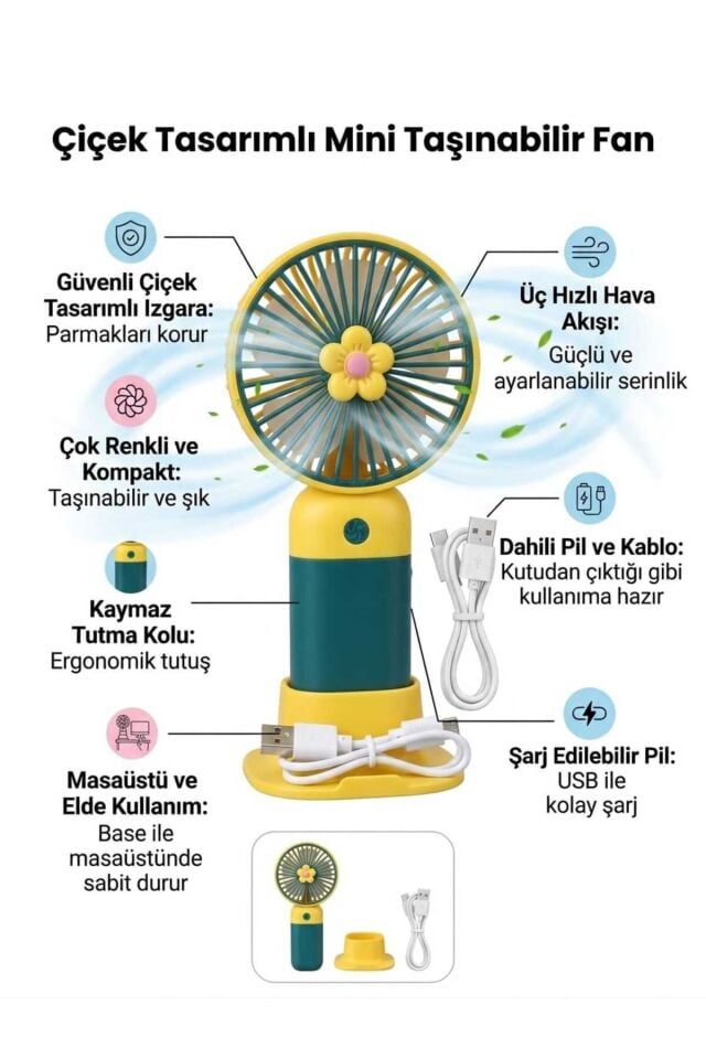 Şarjlı Mini El Fanı 3 Kademeli USB Şarjlı Taşınabilir Masaüstü ve El Tipi Fan Ayaklı Mini Vantilatör