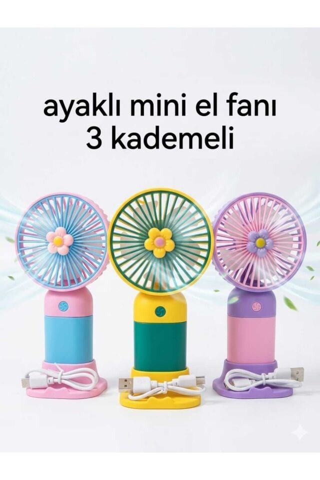 Şarjlı Mini El Fanı 3 Kademeli USB Şarjlı Taşınabilir Masaüstü ve El Tipi Fan Ayaklı Mini Vantilatör