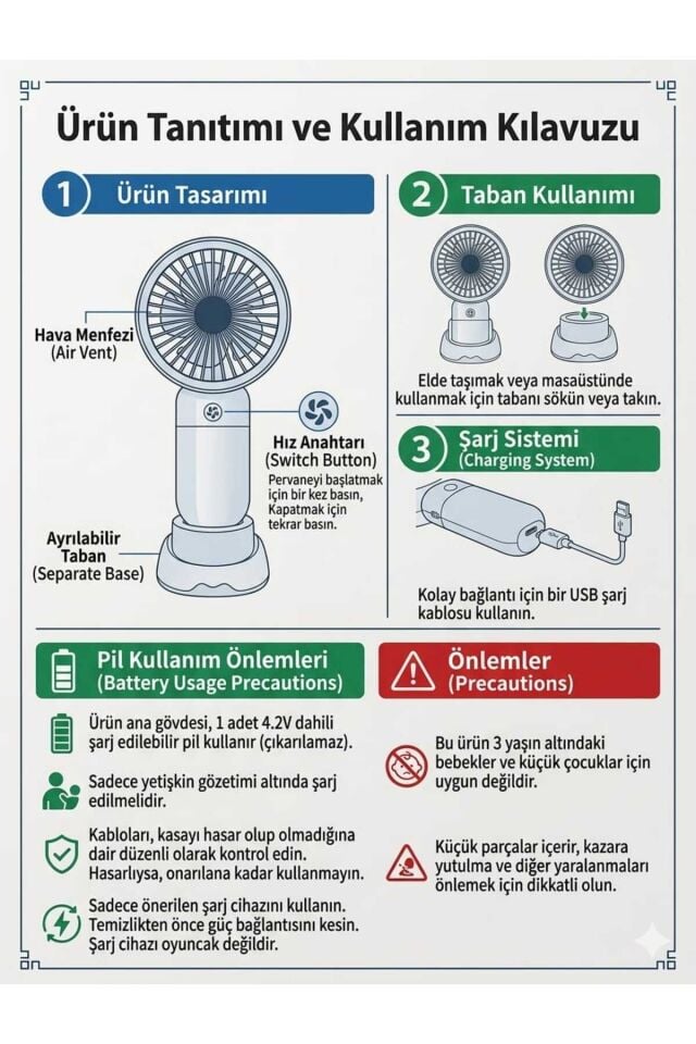 Şarjlı Mini El Fanı 3 Kademeli USB Şarjlı Taşınabilir Masaüstü ve El Tipi Fan Ayaklı Mini Vantilatör