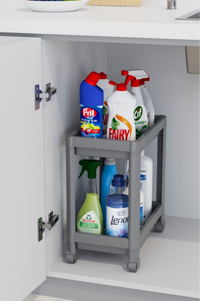 Maja Beyaz 2 Katllı Tekerlekli Banyo Rafı Mutfak Dolabı Düzenleyici Tezgah Altı Organizer