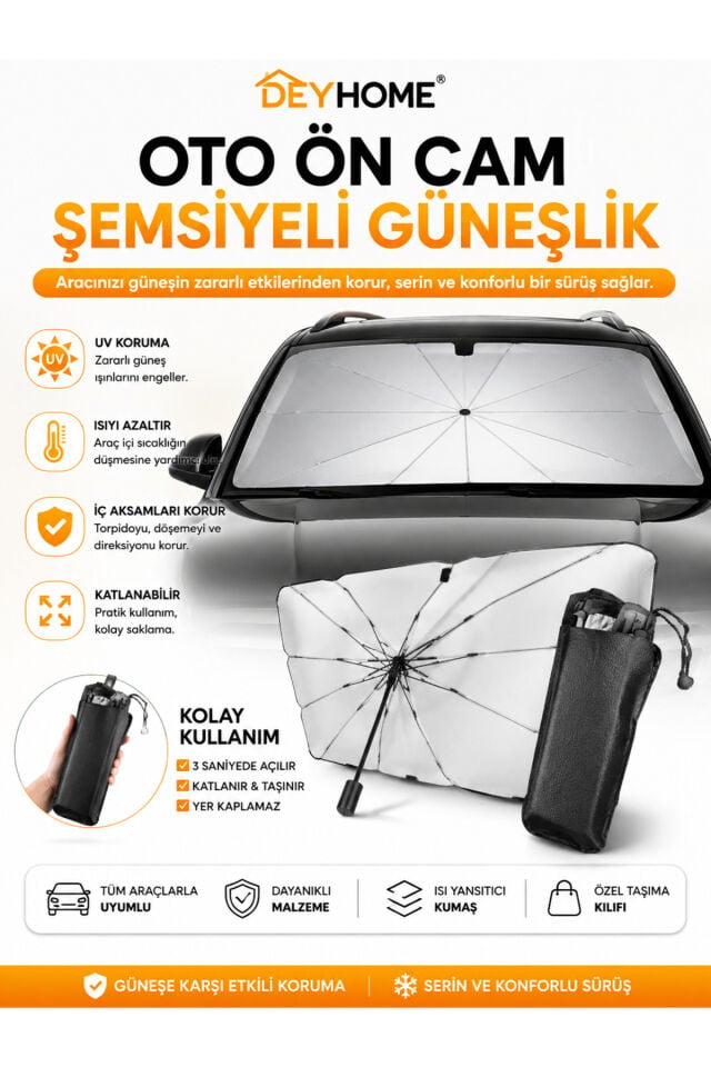 Oto Ön Cam Şemsiyeli Güneşlik Araba Camı Araç İçi Güneşliği