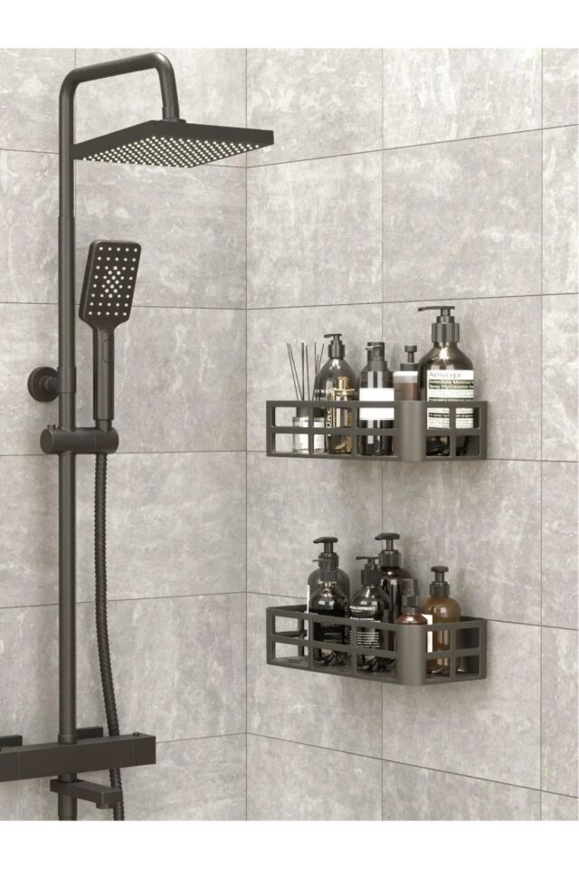 2'li Yapışkanlı Banyo Rafı Şampuanlık Sabunluk Set Duş Aksesuar