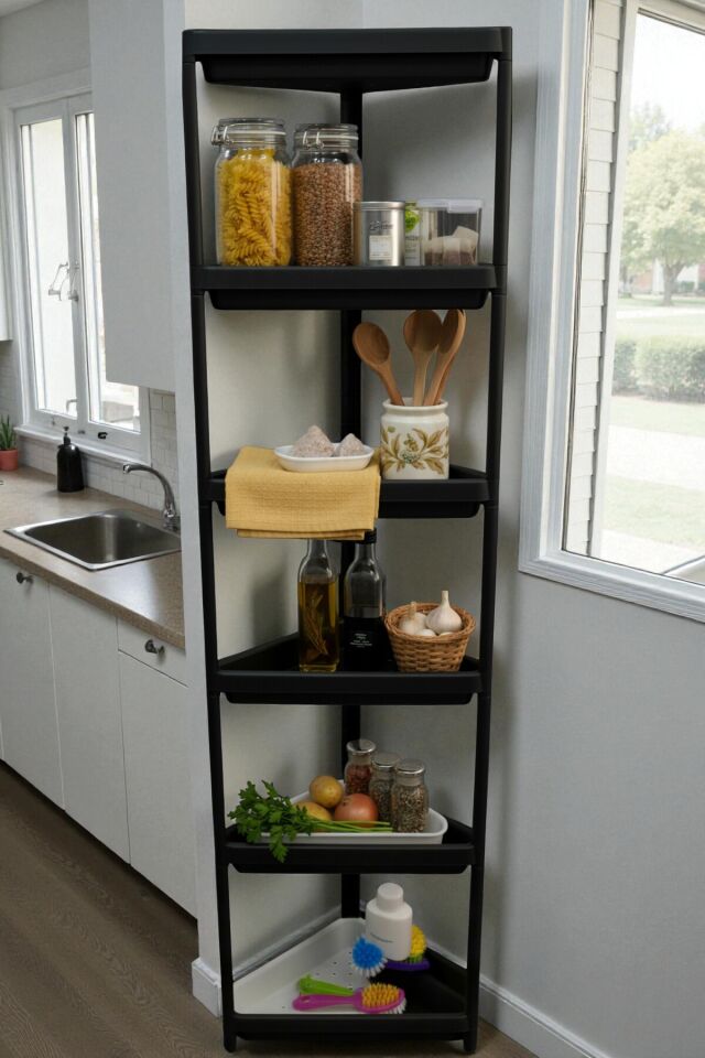 6 Katlı Üçgen Raf Ünitesi – Köşe Alanlar İçin Şık ve Fonksiyonel Depolama Çözümü Mutfak Banyo Salon