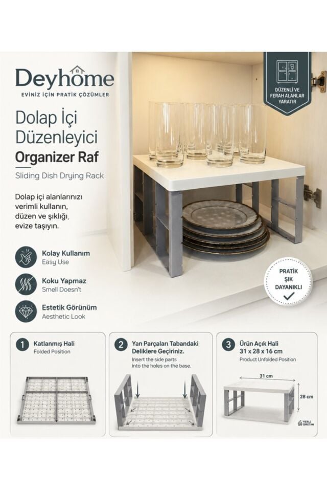 Dolap İçi Düzenleyici Organizer Raf Katlanabilir Mutfak Tabak Bardak Rafı 31x28x16 cm