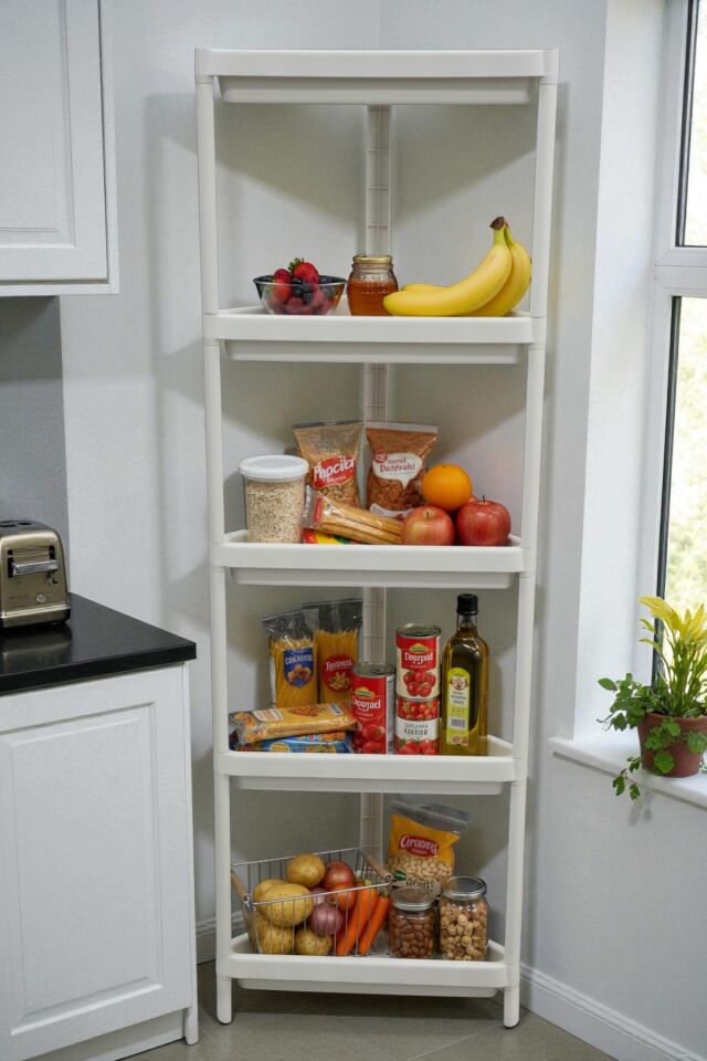 5 Katlı Üçgen Raf Ünitesi – Köşe Alanlar İçin Şık ve Fonksiyonel Depolama Çözümü Mutfak Banyo Salon