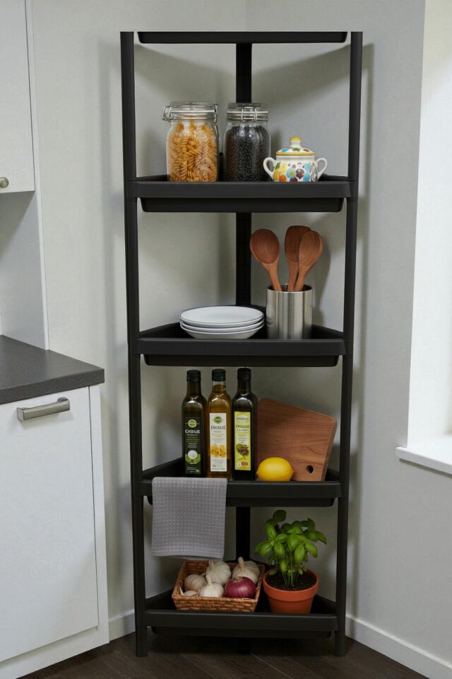 5 Katlı Üçgen Raf Ünitesi – Köşe Alanlar İçin Şık ve Fonksiyonel Depolama Çözümü Mutfak Banyo Salon