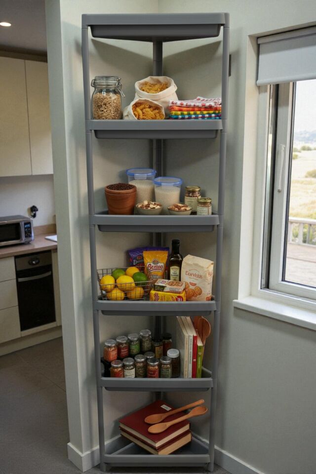 6 Katlı Üçgen Raf Ünitesi + Raf Tutucu Aparat- Köşe Fonksiyonel Depolama Çözümü Mutfak Banyo Salon