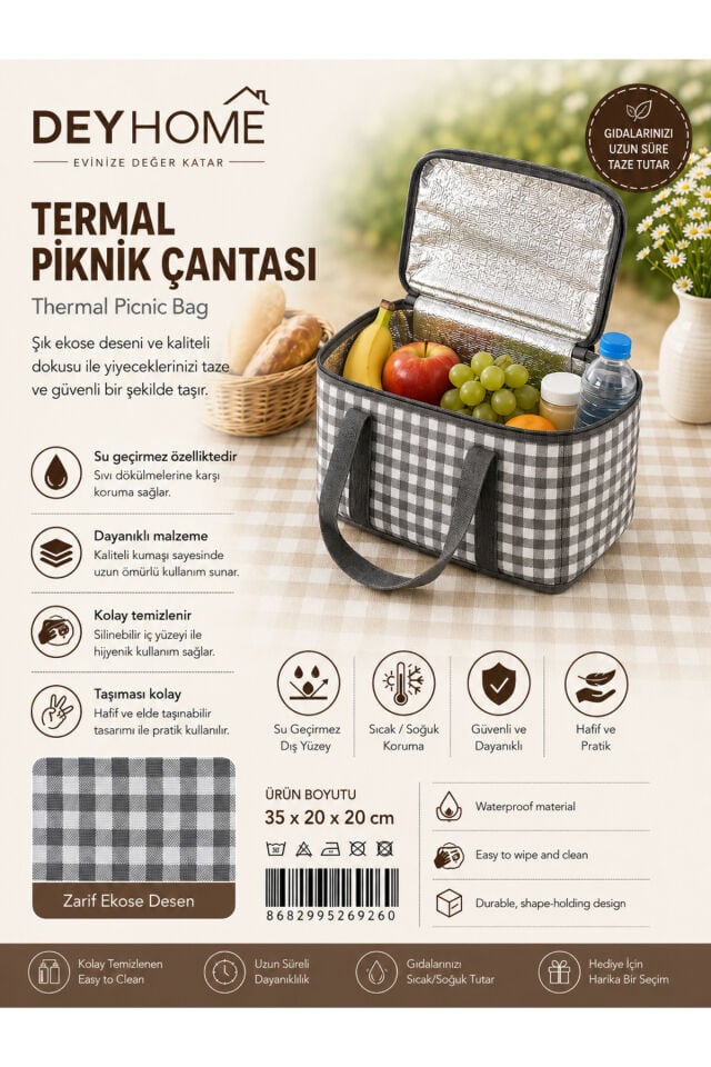 Termal Piknik Çantası 35x20x20 cm Isı Yalıtımlı Soğuk Sıcak Tutucu Ekose Desenli Taşıma Çantası