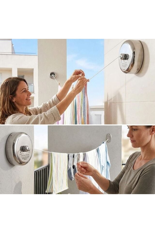 Paslanmaz Çelik Geri Çekilebilir Çamaşır İpi – 2.8 Metre Duvara Monte Çamaşır Kurutma Askısı | Banyo, Balkon ve Çamaşır Odası İçin Metalik