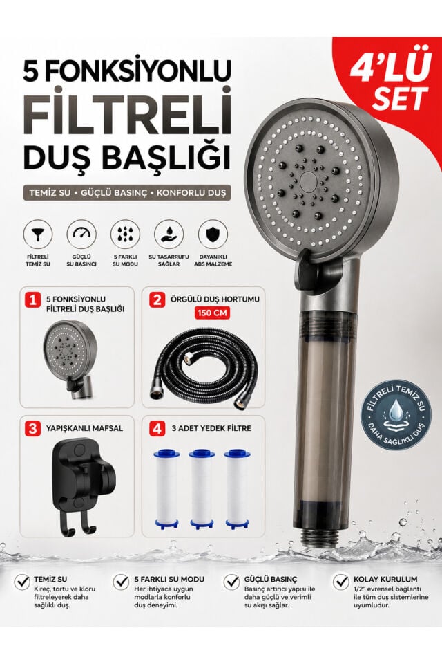 5 Fonksiyonlu Filtreli Duş Başlığı Mat Antrasit Gri – (Yedek Filtre Dahil) 4'Lü Siyah Set