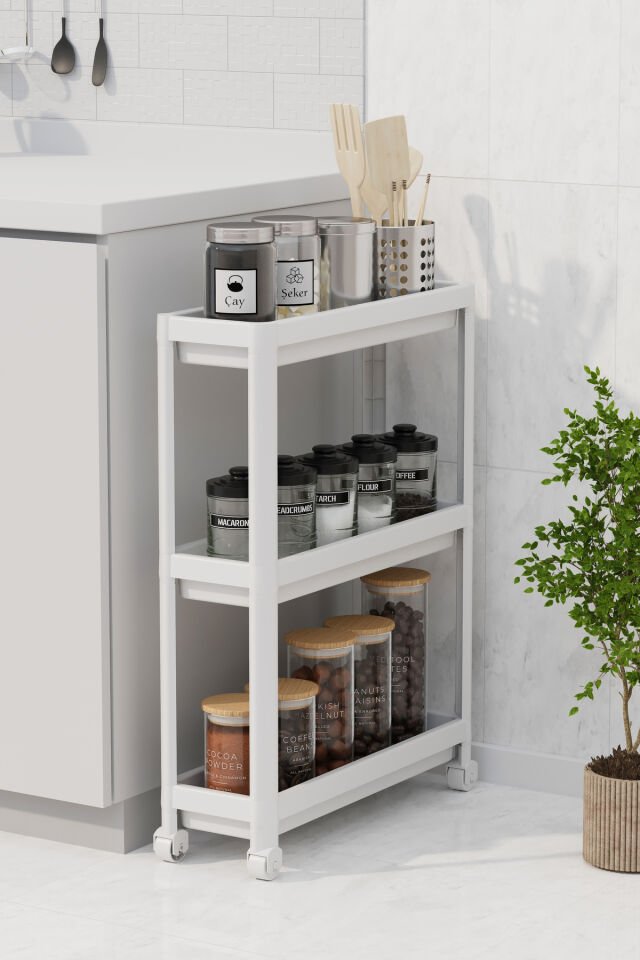 Tekerlekli Dikdörtgen 3 Katlı Raf Ünitesi – Banyo & Mutfak Düzenleyici Organizer Beyaz