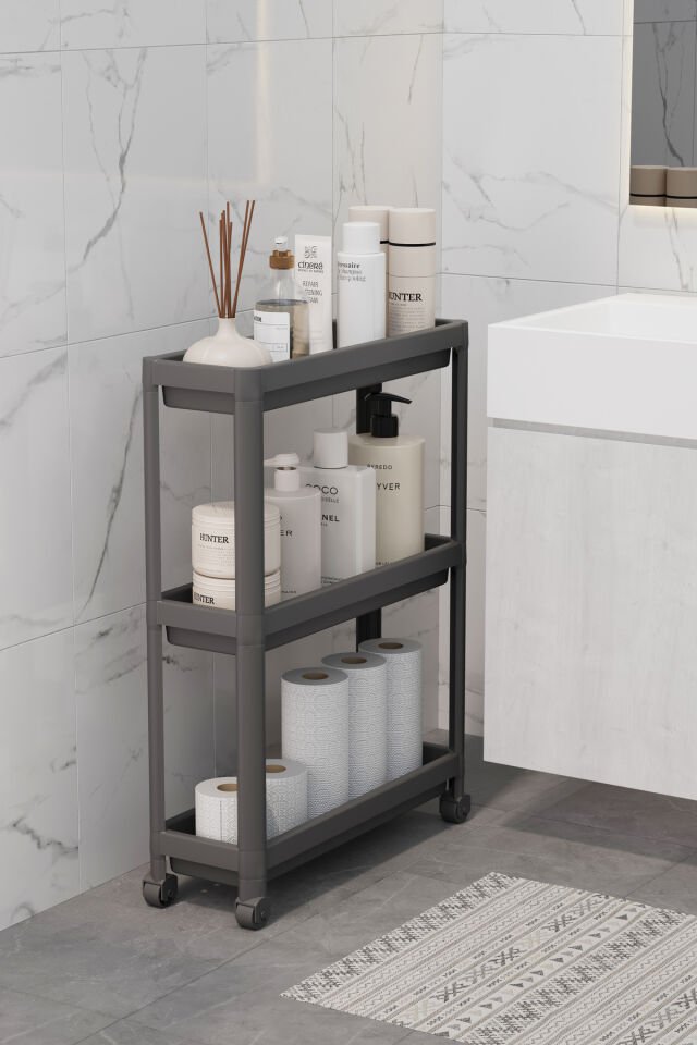 Tekerlekli Dikdörtgen 3 Katlı Raf Ünitesi – Banyo & Mutfak Düzenleyici Organizer Siyah