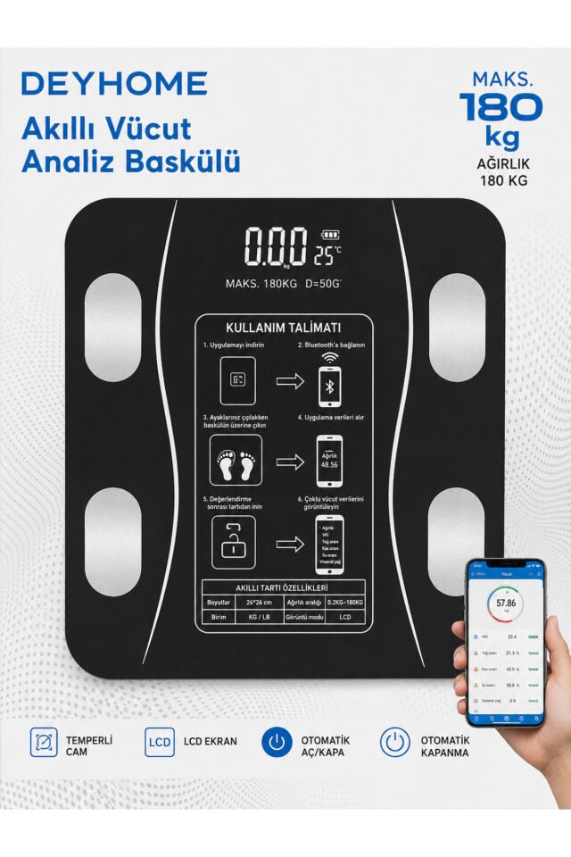 Akıllı Bluetooth Vücut Analiz Baskülü 180 Kg Dijital Tartı Yağ Kas Su Oranı Ölçer LCD Ekran Siyah
