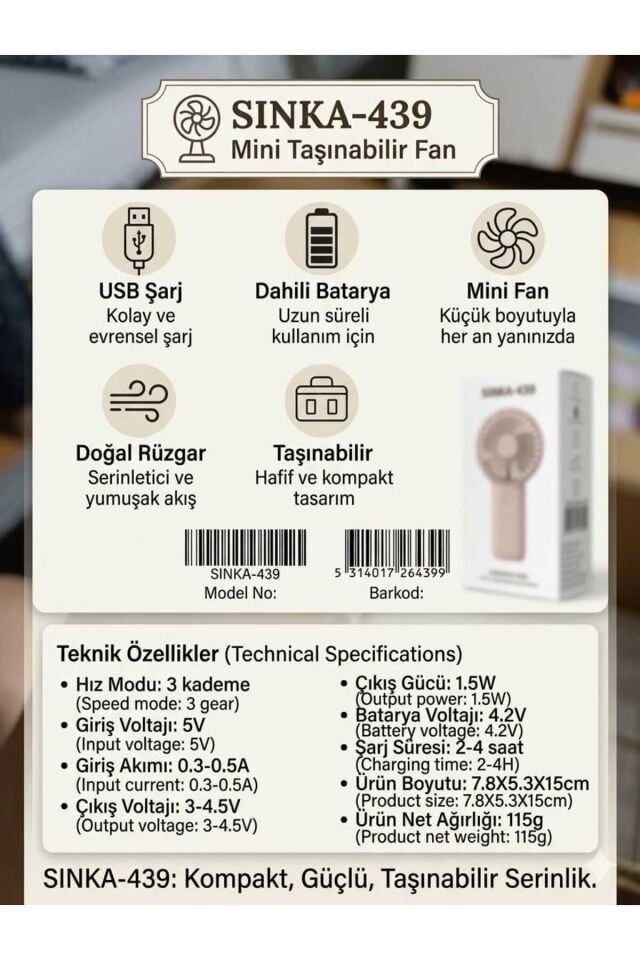 Şarjlı Mini El Fanı 3 Kademeli USB Şarjlı Taşınabilir Masaüstü ve El Tipi Fan Ayaklı Mini Vantilatör Sarı