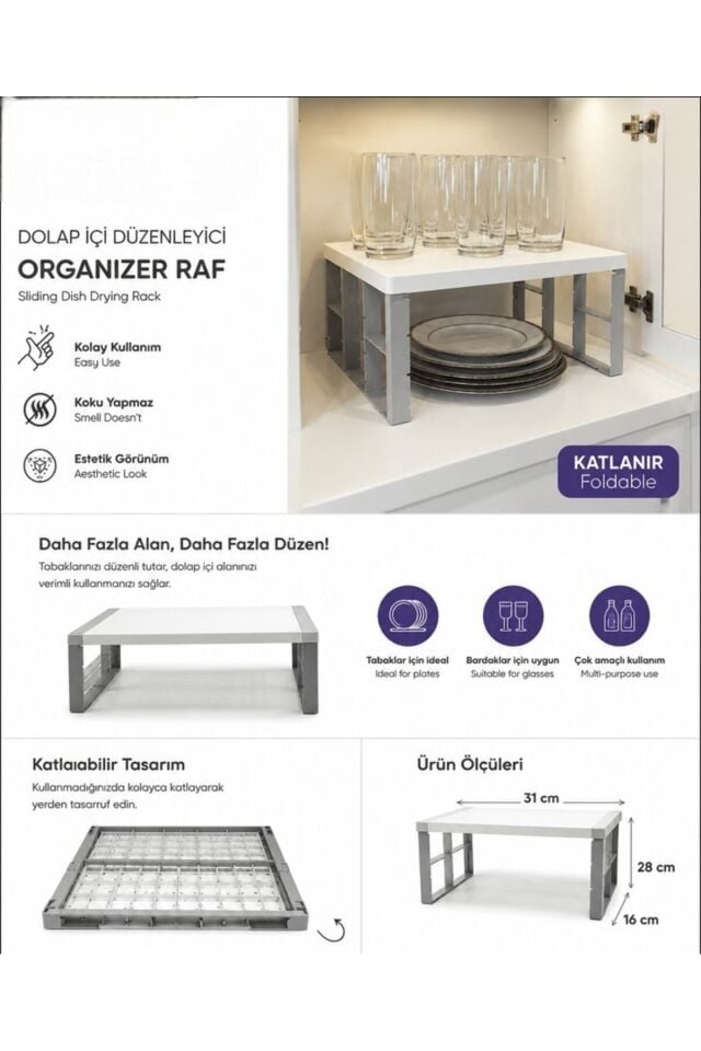 Dolap İçi Düzenleyici Organizer Raf Katlanabilir Mutfak Tabak Bardak Rafı 31x28x16 cm Beyaz-Gri