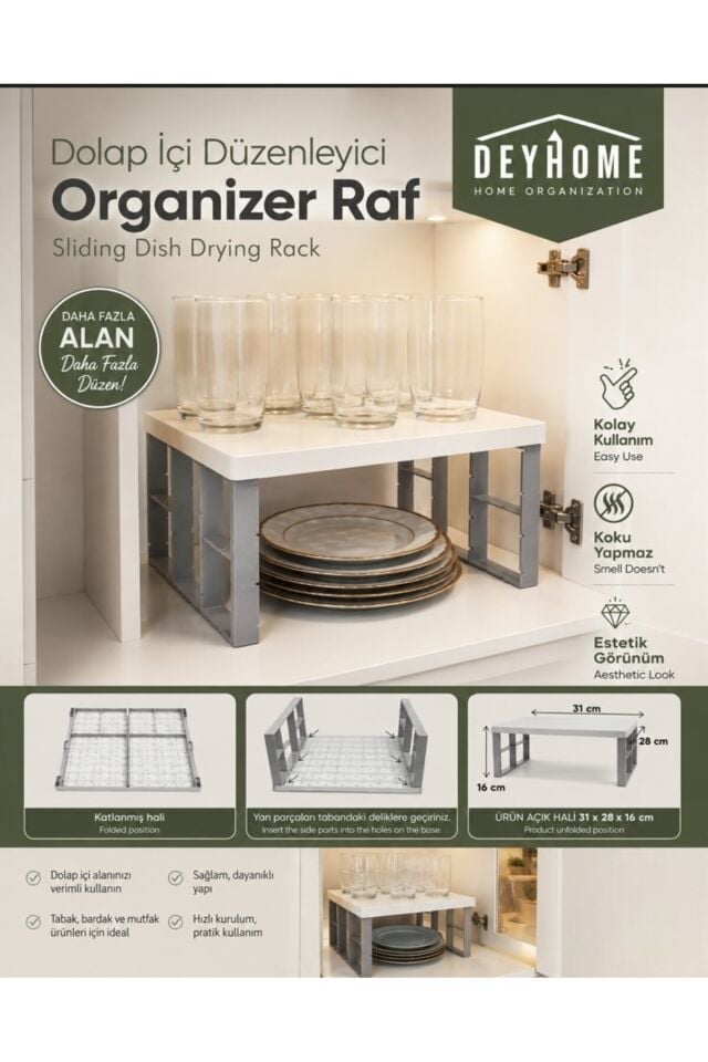Dolap İçi Düzenleyici Organizer Raf Katlanabilir Mutfak Tabak Bardak Rafı 31x28x16 cm Beyaz-Gri